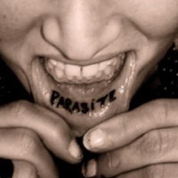 Lip tattoo, parasite, black, bold  inscription