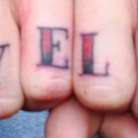 Knuckle tattoo,live love, red designed inscription
