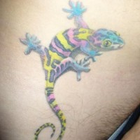 El tatuaje de una lagartija de colores azul, amarillo y negro