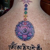 Tatuaggio colorato sulla schiena i sette chakra principali & il loto & i geroglifici