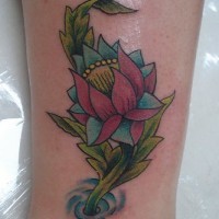 el tatuaje de una flor de loto con tallo en el  agua hecho en color en la pierna
