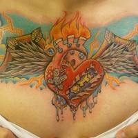 Sacred heart with wings in sky on chest