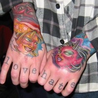 Love and hate opposite girls tattoo on hands