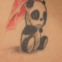 Lower back tattoo, sad panda, sitting under red umbrella
