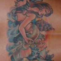 Lower back tattoo, lying , dreamful mermaid in stormy water