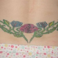 Lower back tattoo,red and blue roses, barbed plant