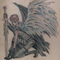 Lower back tattoo, black sitting evil angel
