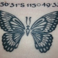 Carino tatuaggio non colorato sulla lombo : la farfalla & le coordinate geografiche