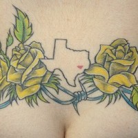 Tatuaje en el bajo de la espalda, preciosas rosas, tinta amarilla, cárcel
