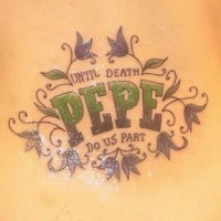 Lower back tattoo, pepe, until death do us part, decorated