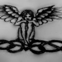 Lower back tattoo,black  sitting angel on chain