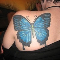 Large blue butterfly tattoo on shoulder