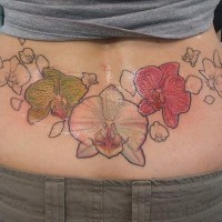 Orchid flowers coloured tattoo on lower back