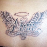 Lower back tattoo, nina, styled with wings name, angel