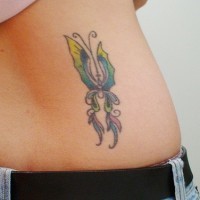 Lower back tattoo, tall, thin butterfly, styled