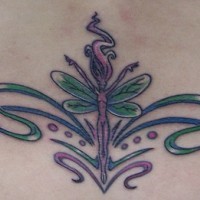 Lower back tattoo, slim girl, dragonfly, ballerina, decorated