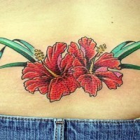 Lower back tattoo, two beautiful red orchids