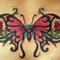 Lower back tattoo, bright, picturesque butterfly  and roses