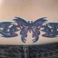 Lower back butterfly tattoo, black and violet styled, dark,