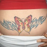 Tatuaggio colorato sulla lombo il disegno in forma della farfalla disegnata  come la tigre