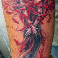 Banc de poisson rouge avec le tatouage de sirène