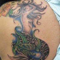 Mermaid and turtle tattoo on shoulder