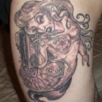 Mermaid with boombox black ink tattoo