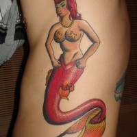Sexy red mermaid tattoo  on side