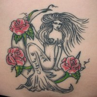 Mermaid on red rose tracery tattoo