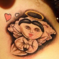 Cartoonish mexican angel tattoo on neck