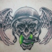 Winged skull with granade in mouth tattoo