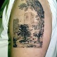 Realistische Landschaft mit Bäumen schwarze Tinte Tattoo