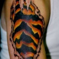 el tatuaje de una rotura de piel con la piel de tigre adentro hecho en el hombro