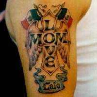 Love mom cross tattoo on shoulder