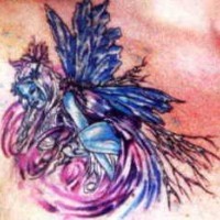 Blue fairy in purple background tattoo