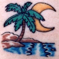 el tatuaje de una palama en la isla y la luna hecho en color