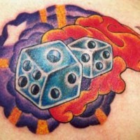 Game dice on fire tattoo in colour