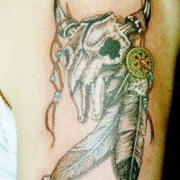 Bull skull with feathers talisman tattoo