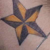 Yellow and black pentagram tattoo on neck