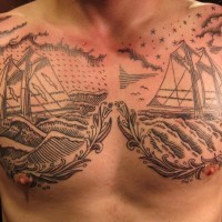 Two sailing vessels in sea tattoo on chest