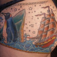 Sailing vessel in antarctica with penguins tattoo