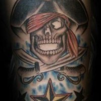 Pirate skull and crossed swords and nautical star tattoo