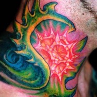 Colourful surreal art tattoo on neck