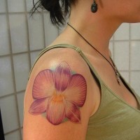 el tatuaje tierno realista de una orquidea hermosa de color rosa en el hombro