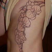 Black line orchid flowers tattoo on side