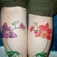 Orchid flower tattoos on both legs
