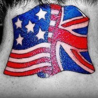 Usa and britain flags tattoo on neck