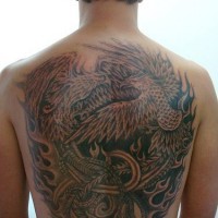 Phoenix in flames full back tattoo
