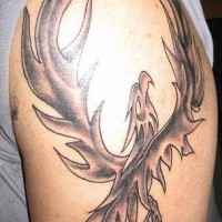 el tatuaje de la ave fenix volando hecho en hombro en color negro y gris