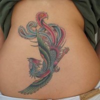 Colourful phoenix tattoo on lower back